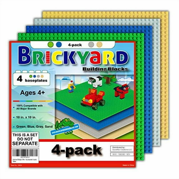 Brickyard Blocks 4 Baseplates, Design 10 x 10 Inches Large Thick Base Plates Bricks, Table or Displaying Toys (Green, Blue, Gray, Sand - 4-Pack, Assorted)