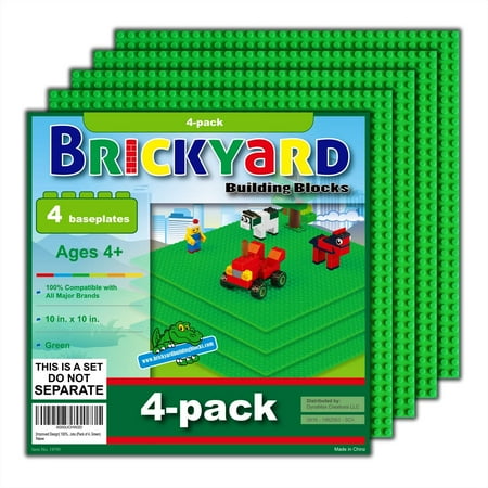 Brickyard Building Blocks 4 Green Baseplates, 10 x 10 Inches Large Thick Base Plates