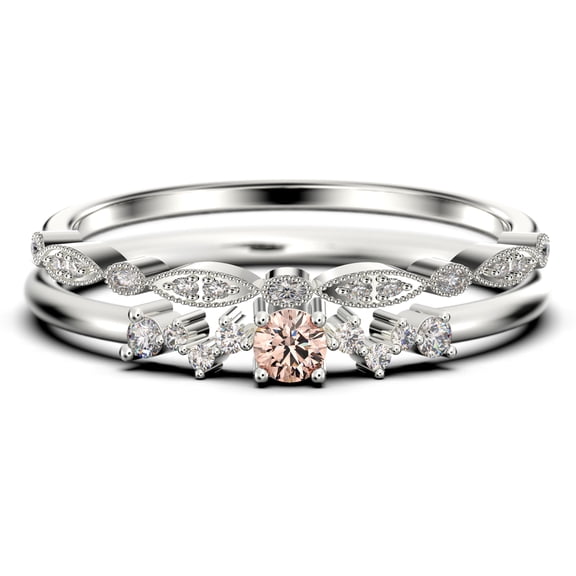 Bridal 1.10 Carat Round Cut Morganite & Moissanite Bridal Set in 925 Sterling Silver with 18k White Gold Plating