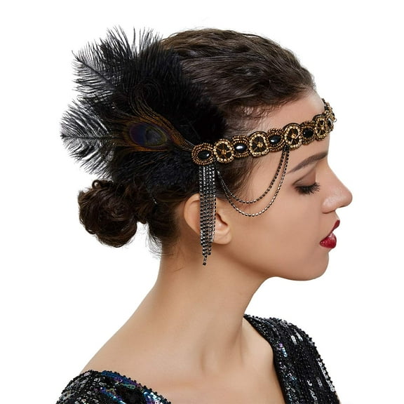 Bridal 1920s Flapper Feather Headband Crystal Beads Tassel Peacock Feather Headpiece Hair Jewelry for Women and Girls (Gold)
