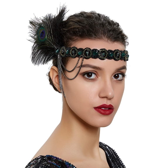 Bridal 1920s Flapper Feather Headband Crystal Beads Tassel Peacock Feather Headpiece Hair Jewelry for Women and Girls (Green)