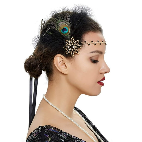 Bridal 1920s Flapper Feather Headband with Hair Clip Crystal Flower Black Peacock Feather Headpiece Hair Jewelry for Women and Girls (Black)