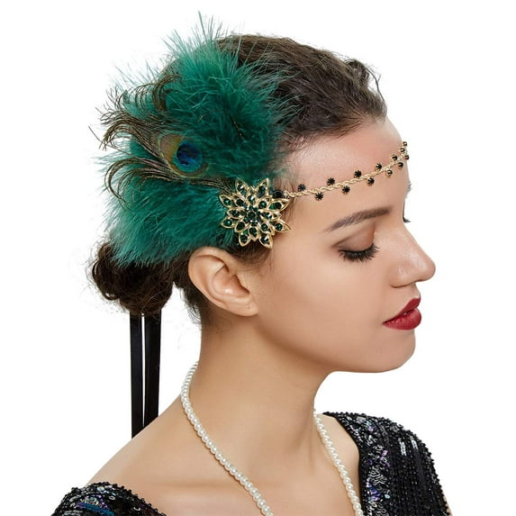 Bridal 1920s Flapper Feather Headband with Hair Clip Crystal Flower Black Peacock Feather Headpiece Hair Jewelry for Women and Girls (Green)