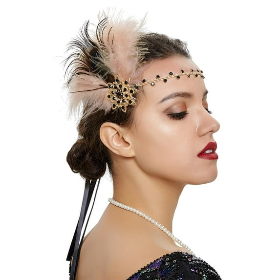 Bridal 1920s Flapper Feather Headband with Hair Clip Crystal Flower Black Peacock Feather Headpiece Hair Jewelry for Women and Girls (Shallow Pink)