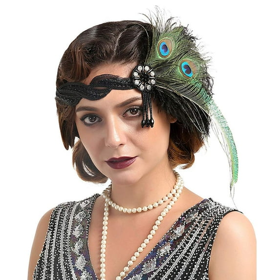 Bridal 1920s Flapper Feather Headband with Stretchy Lace Band Crystal Beaded Tassel Peacock Feather Headpiece Hair Jewelry for Women and Girls