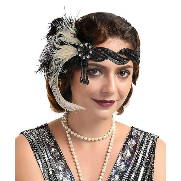 Bridal 1920s Flapper Feather Headband with Stretchy Lace Band Crystal Beaded Tassel Peacock Feather Headpiece Hair Jewelry for Women and Girls