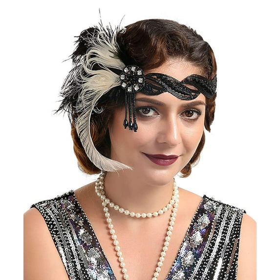Bridal 1920s Flapper Feather Headband with Stretchy Lace Band Crystal Beaded Tassel Peacock Feather Headpiece Hair Jewelry for Women and Girls