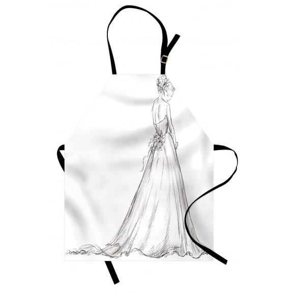 Bridal Apron Fairytale Ending of a Love Story Princess Sketchy Bride with Flowers Image, Unisex Kitchen Bib Apron with Adjustable Neck for Cooking Baking Gardening, Black and White, by Ambesonne