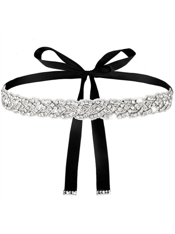 Bridal Belts for Wedding Dress,Silver Rhinestone Waist Belt,Shiny Crystal Sash Belt,Sparkle Decorative Waistband with Handmade Black Ribbon,for Women Bridesmaid Prom Gowns 1Pack