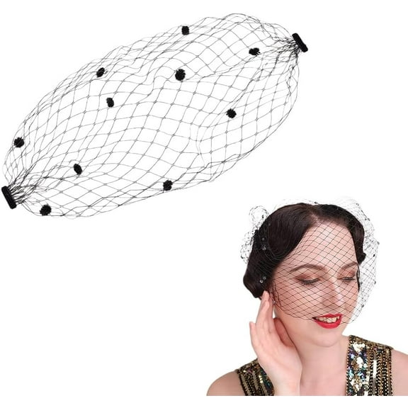 Bridal Birdcage Veil with Fluff Ball Nylon Fascinator Mesh Face Veil with Iron Combs Fascinator Veil for Woman Black