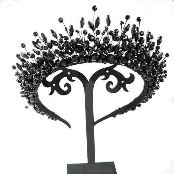 Bridal Black Crystal Tiara Crown Handmade Baroque Headband Luxury Wide Hair Hoop Princess Prom Party Hair Jewelry for Women and Girls