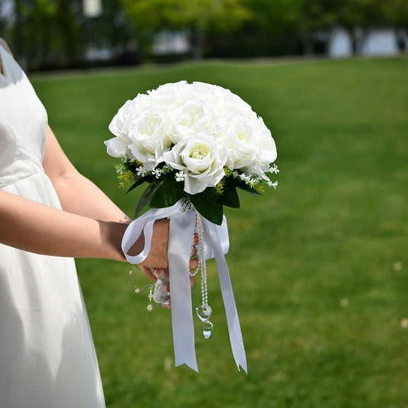 Bridal Bouquet under $5! kkbbma Bridal Wedding Bouquet with Diamonds, Artificial Rose Flower Bridal Accessory, White Pearl Beaded Handheld Bouquet, Bride Maid Wedding Ceremony Flowers