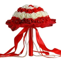 Bridal Bouquet Artificial Roses Red&White– Crystal Lace Silk Rose Wedding Bouquet for Bridesmaid, Bride, Party & Decoration, 8.3in