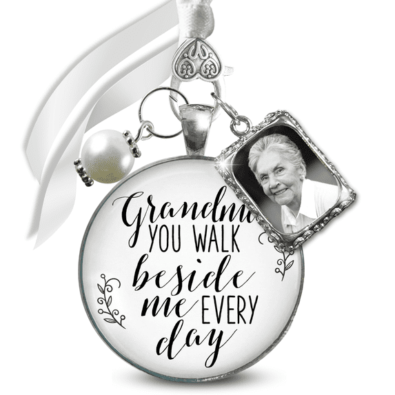Bridal Bouquet Memorial Charm Grandma You Walk Beside Me Every Day Silver White Pendant Photo Frame