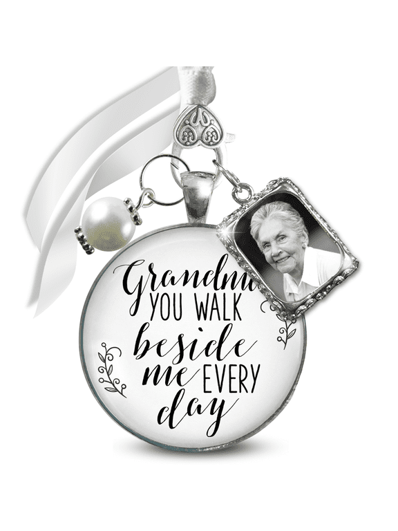 Bridal Bouquet Memorial Charm Grandma You Walk Beside Me Every Day Silver White Pendant Photo Frame