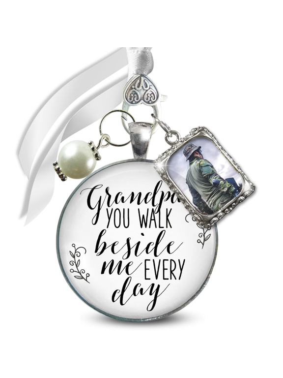 Bouquet Memorial Charm for Bride Grandpa You Walk Beside Me Every Day Silver White Pendant Photo Frame