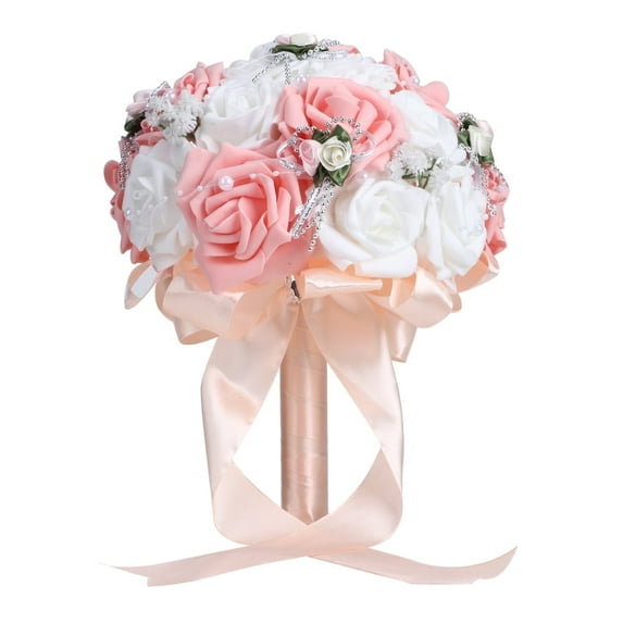 Bridal Bouquet, Wedding Bouquets for Bride, Artificial Bouquet Fake Rose Flowers Wedding Bouquet Handing Flowers with Rhinestone for Wedding, Photo Shooting Pink