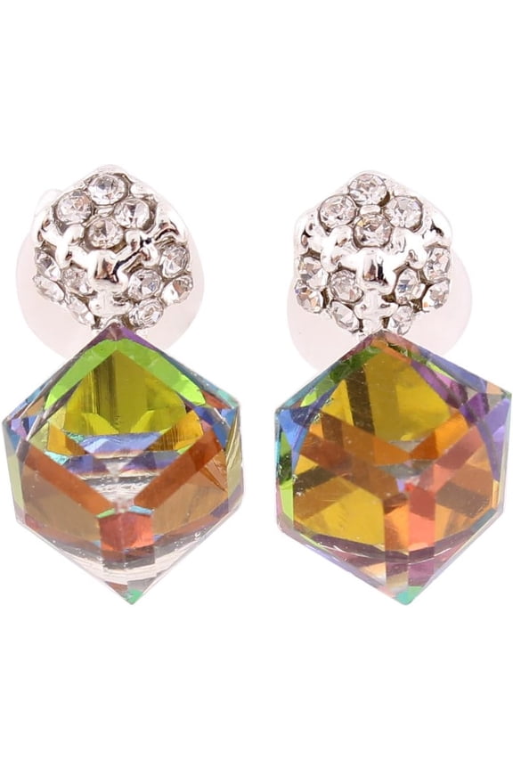Bridal Colorful  Crystal Rhinestone Cube Shape Clip on Earring No Pierced for Women Charm Ear Clip