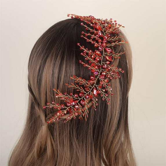 Bridal Crystal Hairband Long Hair Vine Crystal Beaded Headband Wedding Prom Party Festival Fashion Hair Accessory for Women (Red)