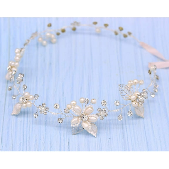 Bridal Crystal Headband with Freshwater Pearls Flower Design Wedding Hair Accessories (Rose Gold)