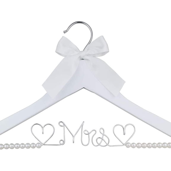 Bridal Dress Hanger Solid Wood Dress Hangers Mrs Letter Hanger Wedding Gift (White Coat Hanger Silver Thread Pearl)
