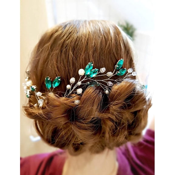 Bridal Emerald Hair Vine Green Marquise Crystal and Pearl Headband Boho Wedding Hair Accessories for Women and Girls