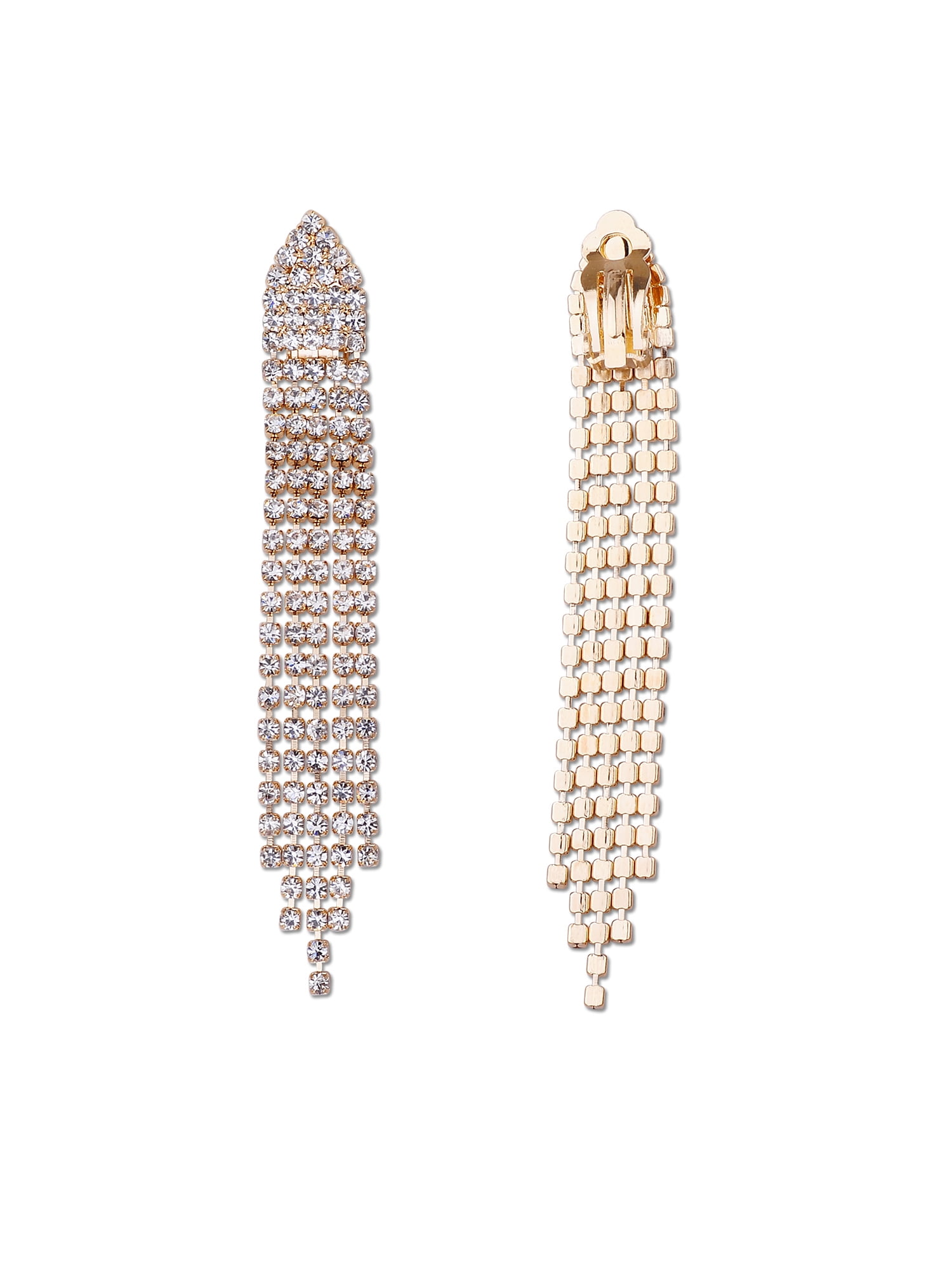 Bridal Fashion Jewelry Earrings Gold Crystal Chandelier Clip On