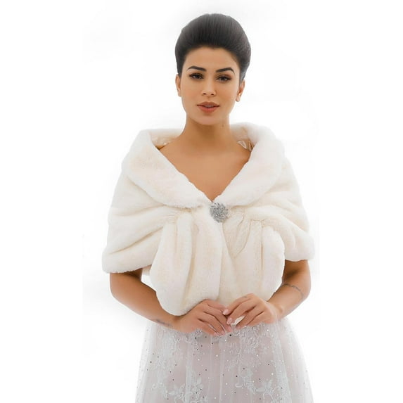 Bridal Faux Fur Wraps and Shawls Wedding Fur Stole Scarf with Brooch Bride Fur Shrug Fur Coat for Brides and Bridesmaid
