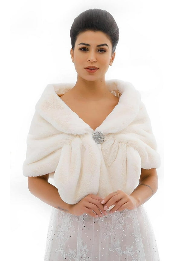 Bridal Faux Fur Wraps and Shawls Wedding Fur Stole Scarf with Brooch Bride Fur Shrug Fur Coat for Brides and Bridesmaid