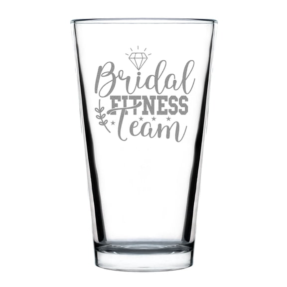 Bridal Fitness Team Pint Glass, Hand Engraved 16oz Standard Perfect Party , Custom Etched Wedding Glassware