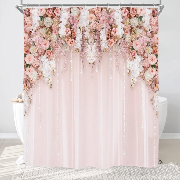 Bridal Floral Elegant Shower Curtain for Bathroom Decor 72Wx72H Wedding Flower Pink Rose Blossom Women Girl Spring Nature Floral Art Printed Fabric Polyester Waterproof 12 Pack Plastic Hooks