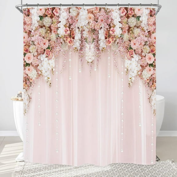 Bridal Floral Elegant Shower Curtain for Bathroom Decor 72Wx72H Wedding Flower Pink Rose Blossom Women Girl Spring Nature Floral Art Printed Fabric Polyester Waterproof 12 Pack Plastic Hooks