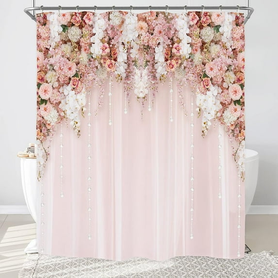 Bridal Floral Elegant Shower Curtain for Bathroom Decor 72Wx72H Wedding Flower Pink Rose Blossom Women Girl Spring Nature Floral Art Printed Fabric Polyester Waterproof 12 Pack Plastic Hooks