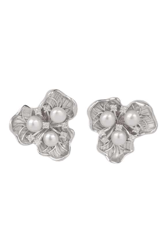 Bridal Floral Pearl Drop Earrings for Women, Sterling Silver with Freshwater Pearls & Zirconia, Wedding Prom Engagement Birthday Promise Jewelry Gift