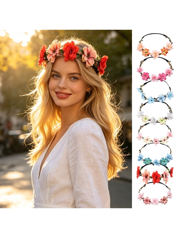 Bridal Flower Crown Boho Artificial Flower Crown Elastic Strap Hair Wreath Holiday Wedding Floral Headband for Bridesmaids Flower Girls