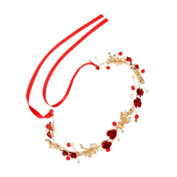 Bridal Flower Crown Headband and Women, Red Alloy Floral Headdress with Pearl Accents, Wedding Hair Accessory for Brides