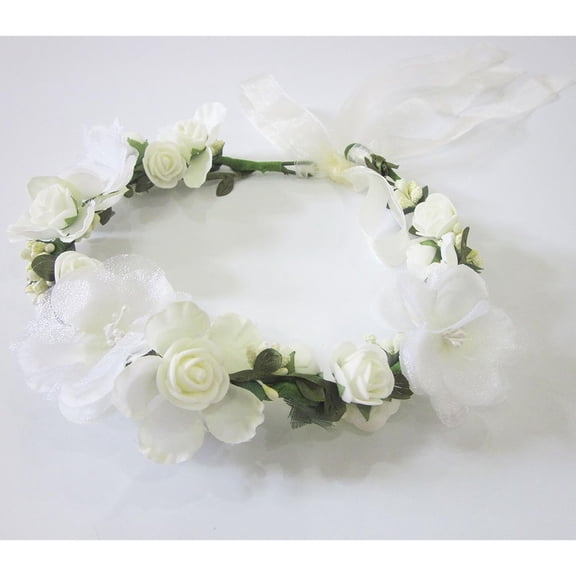 Bridal Flower Garland Holzlrgus Headband Flower Crown Hair Wreath Halo Adjustable Ribbon Wedding Festivals White