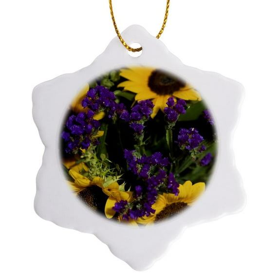 3drose, Bridal Flowers, Sunflowers and Purple Statice - Li05 Len0000 - Lisa S. Engelbrecht, 3 inch Snowflake Porcelain Ornament