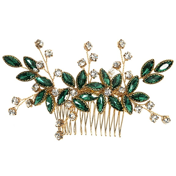 Bridal Hair Accessories Green Phantom Crystal Hair Comb, Gold Metal Wedding Hair Comb for Women, Floral Leaf Design, Elegant Hair Comb for Brides and Special Occasions