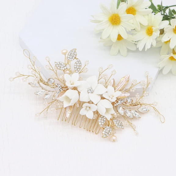 Bridal Hair Comb For Brides Ceramic Flower Side Comb Hair Clip For Women Hair Accessories for Brides (Gold)