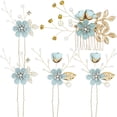 thumbnail image 1 of Bridal Hair Combs, 5PCS Wedding Hair Comb Set Crystal Flower Hair Clips Bride Bridesmaid Hair Sides Comb Rhinestone Barrettes, Pearl Flower Hair Pins Hair Accessories for Women Girls (Light Blue), 1 of 4