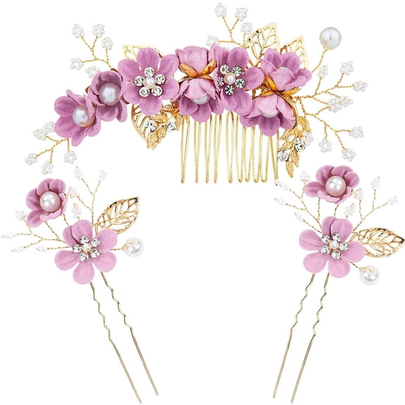 Bridal Hair Combs, Wedding Hair Comb Set Crystal Flower Hair Clips Bride Bridesmaid Hair Sides Comb Rhinestone Barrettes, Pearl Flower Hair Pins Hair Accessories for Women Girls (Yellow)