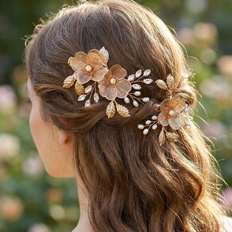MIALLO 3-Pack Gold Crystal Flower Hair Clips for Updos  display picture 1