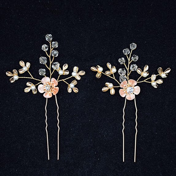 Bridal Hair Pins - 2PCS Gold Wedding Hair Accessories, Hair Pieces Headpiece Jewelry with Vintage Flower Leaf Rhinestone Crystal for Mother of Bride Brides Bridesmaid Women Flower Girls