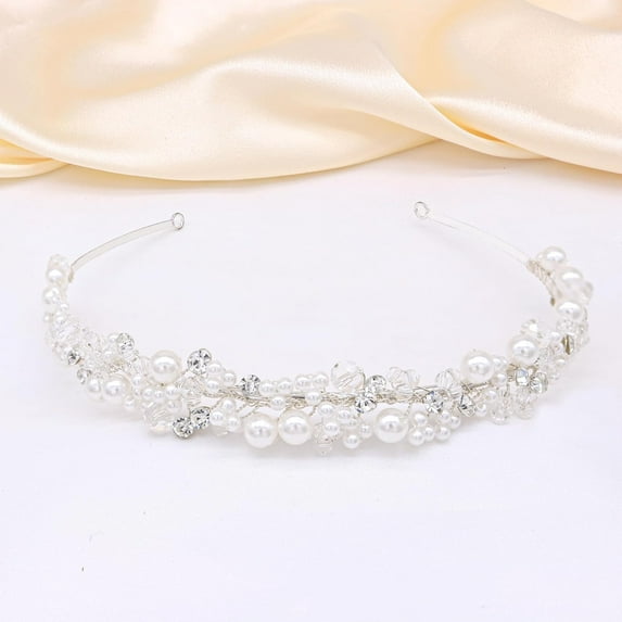 Bridal Headband With Pearls Wedding Headpieces For Brides Crystal Party Hair Accessories For Women (Silver)