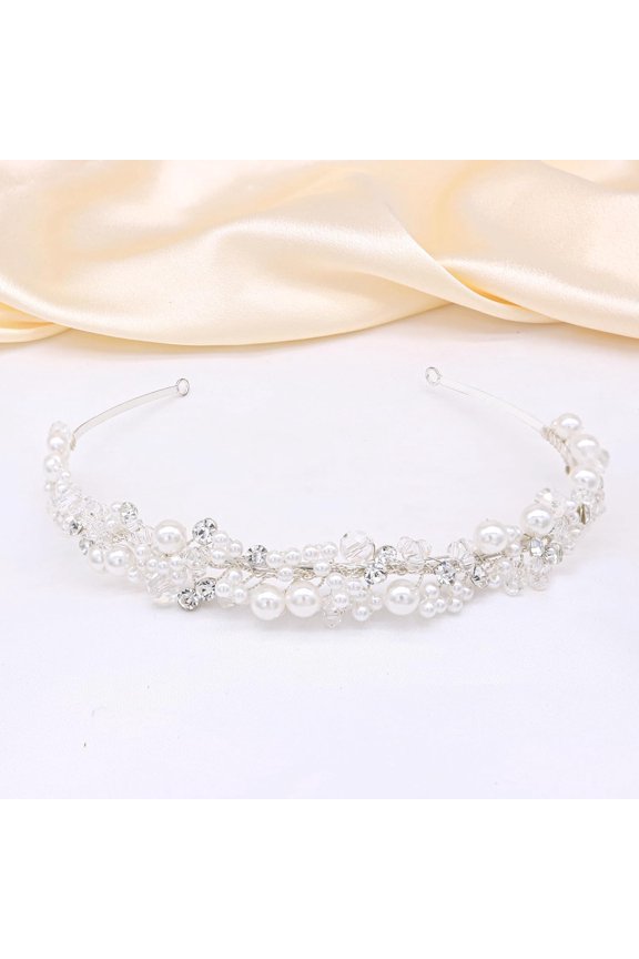 Bridal Headband With Pearls Wedding Headpieces For Brides Crystal Party Hair Accessories For Women (Silver)