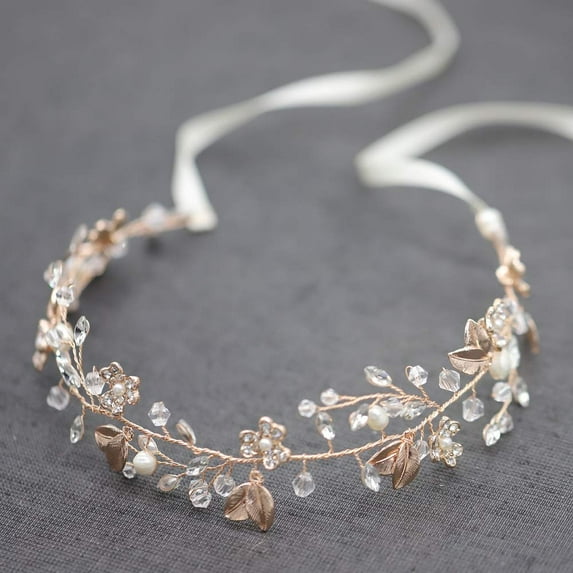 Bridal Headpiece Wedding Crystal Headband With Leaves and Freshwater Pearl Hair Accessories For Bride Flower Girl (Rose Gold)