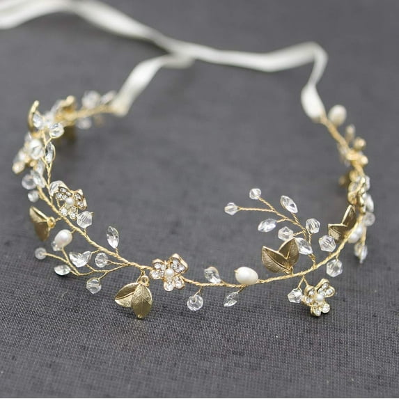 Bridal Headpiece Wedding Crystal Headband With Leaves and Freshwater Pearl Hair Accessories For Bride Flower Girl (Rose Gold)