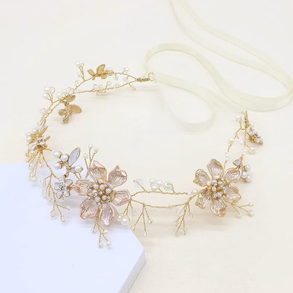Bridal Headpieces Flower Design With Pearls Wedding Headbands Hair Vines For Brides Women Girls Wedding Party (Gold)