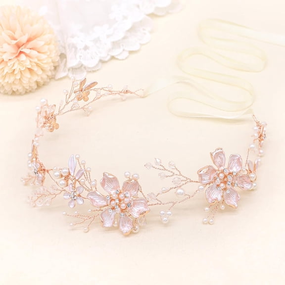 Bridal Headpieces Flower Design With Pearls Wedding Headbands Hair Vines For Brides Women Girls Wedding Party Rose Gold